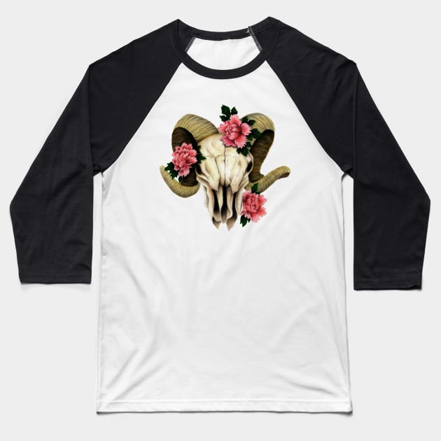 Ram Skull Peonies Baseball T-Shirt by celesteroddom